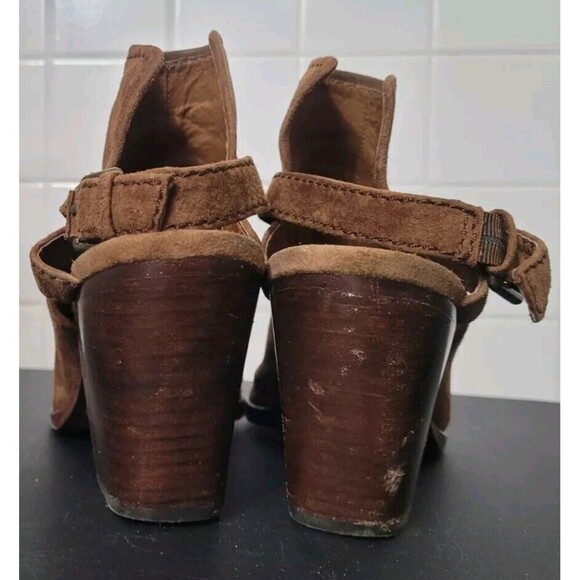 Frye Dani Shield Slingback Sandal Heels Open Toe Suede Wood Brown Size 9M** - Picture 7 of 12